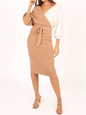 Petal & Pup Two-Tone Wrap Midi Dress - Cream & Camel